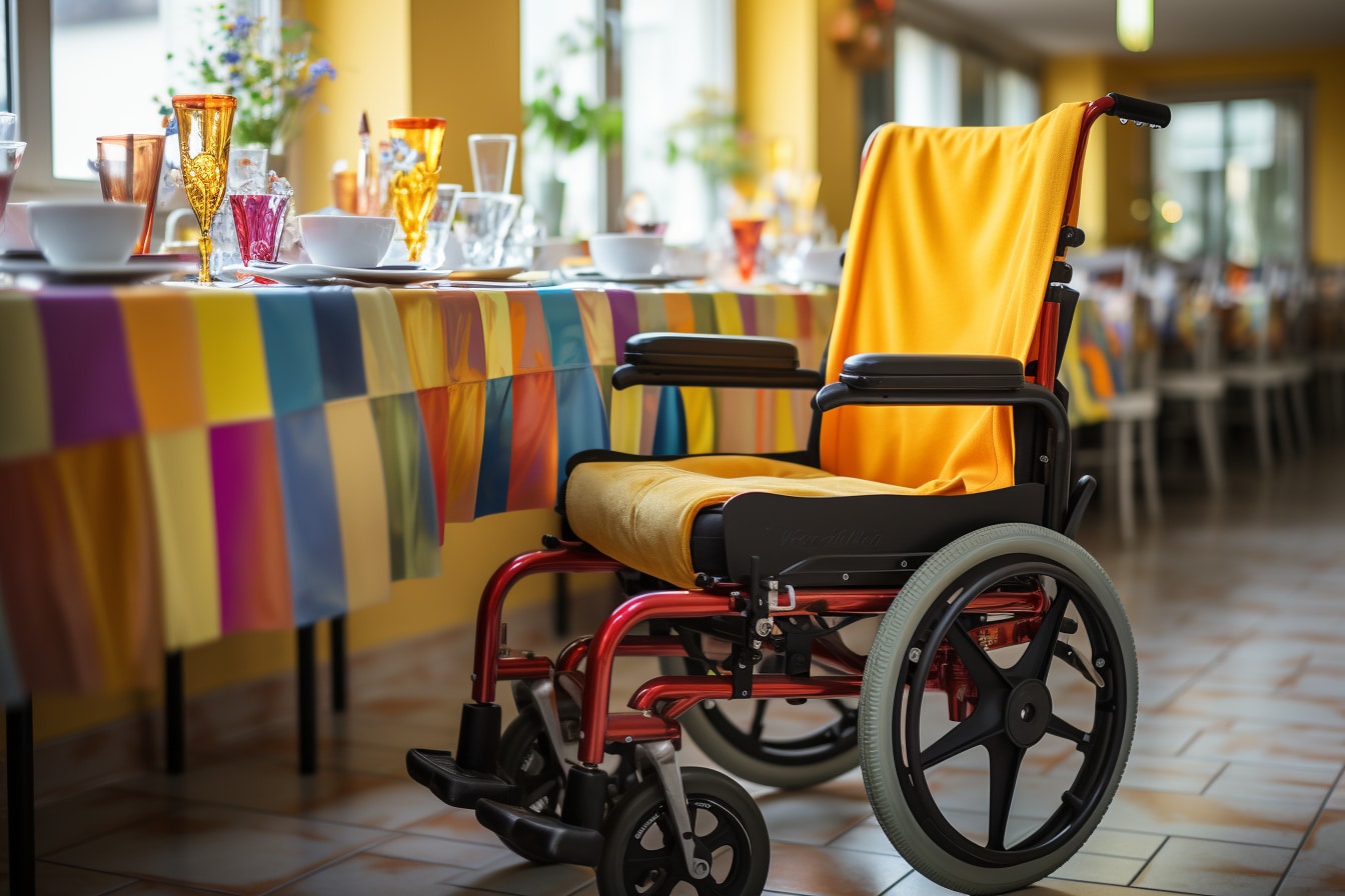 Fauteuil roulant vide avec un coussin jaune devant une table dressée pour un repas dans une salle lumineuse, avec une nappe colorée et des verres décoratifs