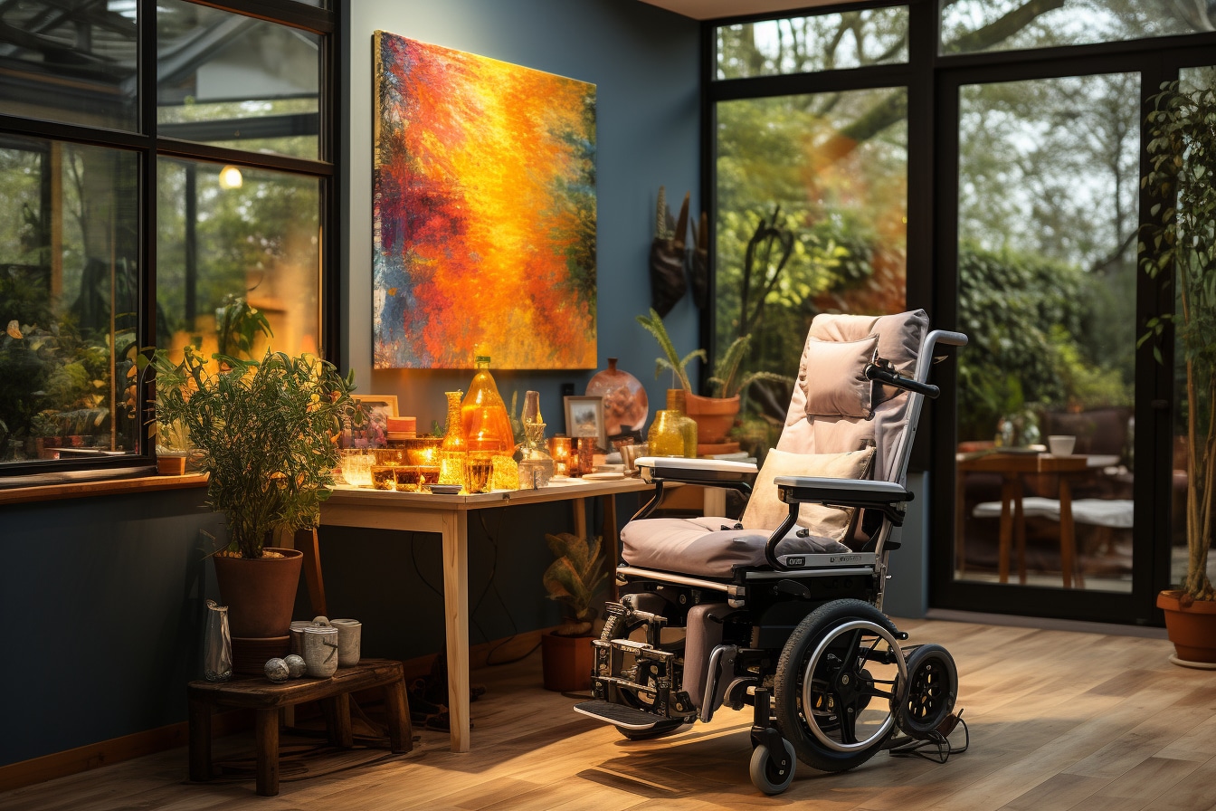 Un intérieur chaleureux et bien éclairé avec une chaise roulante moderne vide, une grande peinture abstraite colorée sur le mur, et une table avec des plantes et des objets décoratifs en verre éclairés par la lumière naturelle venant de grandes fenêtres donnant sur un jardin luxuriant