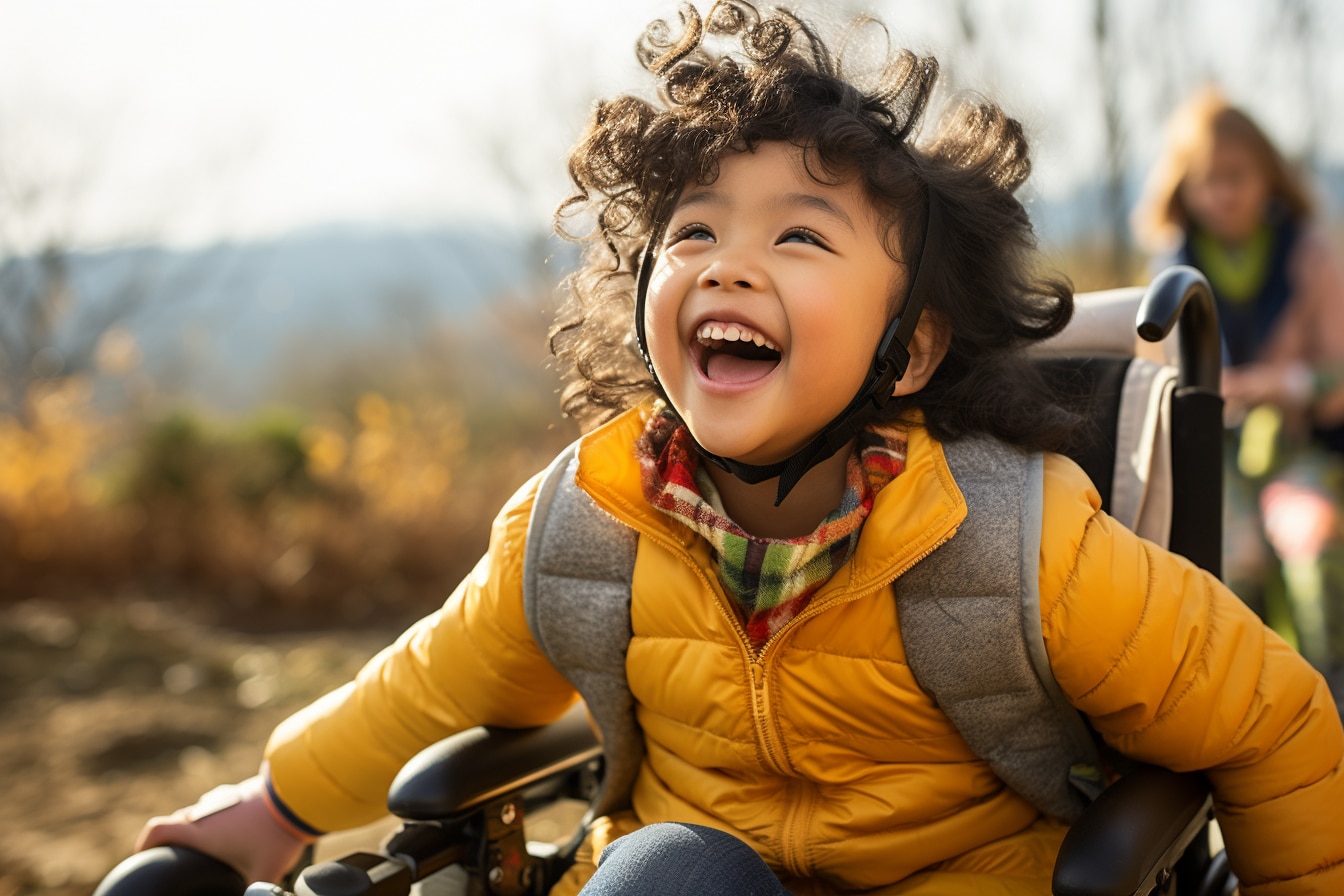 Enfant joyeux en fauteuil roulant riant à l'extérieur avec une lumière naturelle brillante, vêtu d'une veste jaune et d'une écharpe colorée, avec une autre personne en arrière-plan