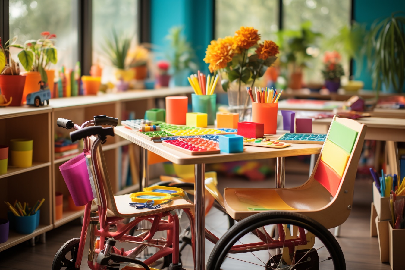 Salle de classe colorée pour enfants avec un fauteuil roulant à l'avant, des tables remplies de matériel éducatif et des étagères avec des plantes et des fournitures en arrière-plan