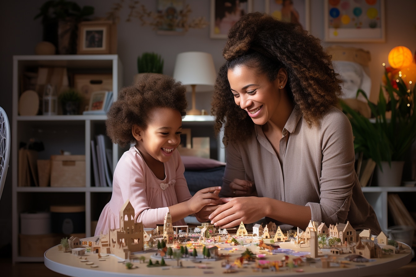 une femme et une jeune enfant souriante en train de jouer avec une ville miniature sur une table dans un lieux chaleureux et décoré