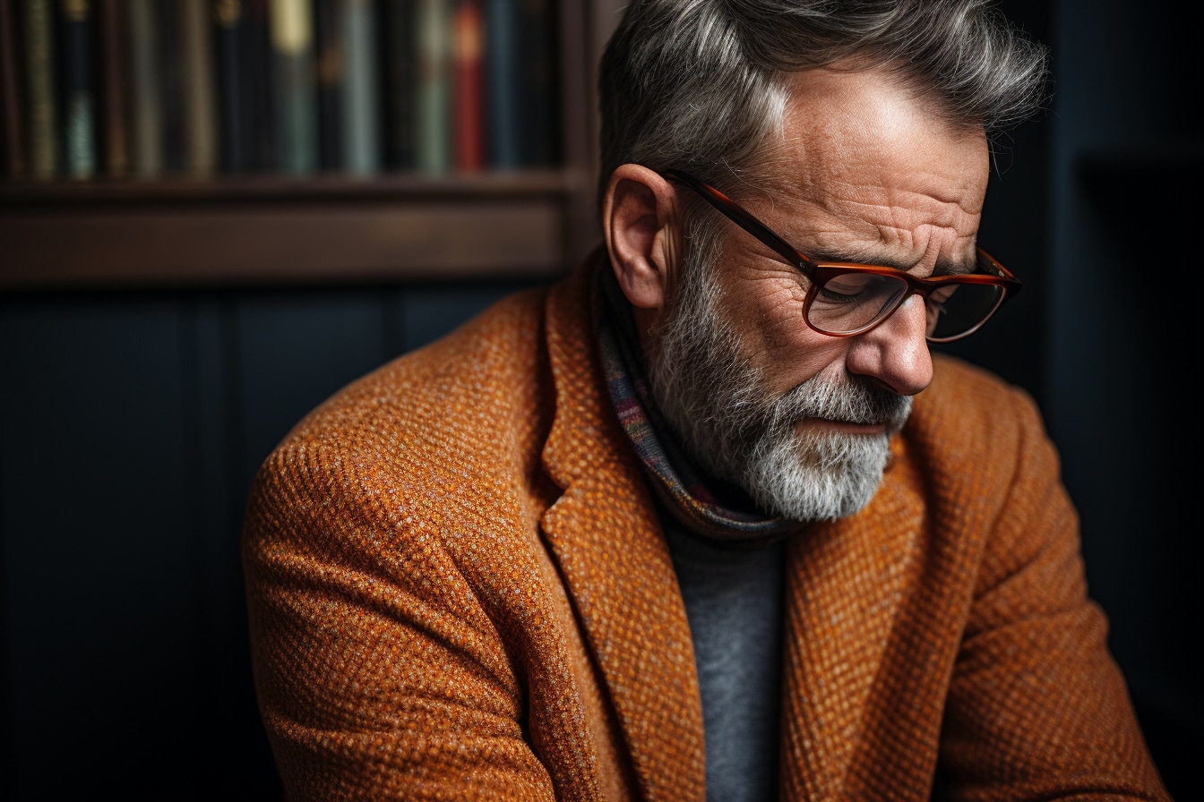 Homme mûr pensif avec des lunettes, habillé d'une veste en tweed orange, regardant vers le bas dans une pièce aux tons chauds avec une bibliothèque en arrière-plan