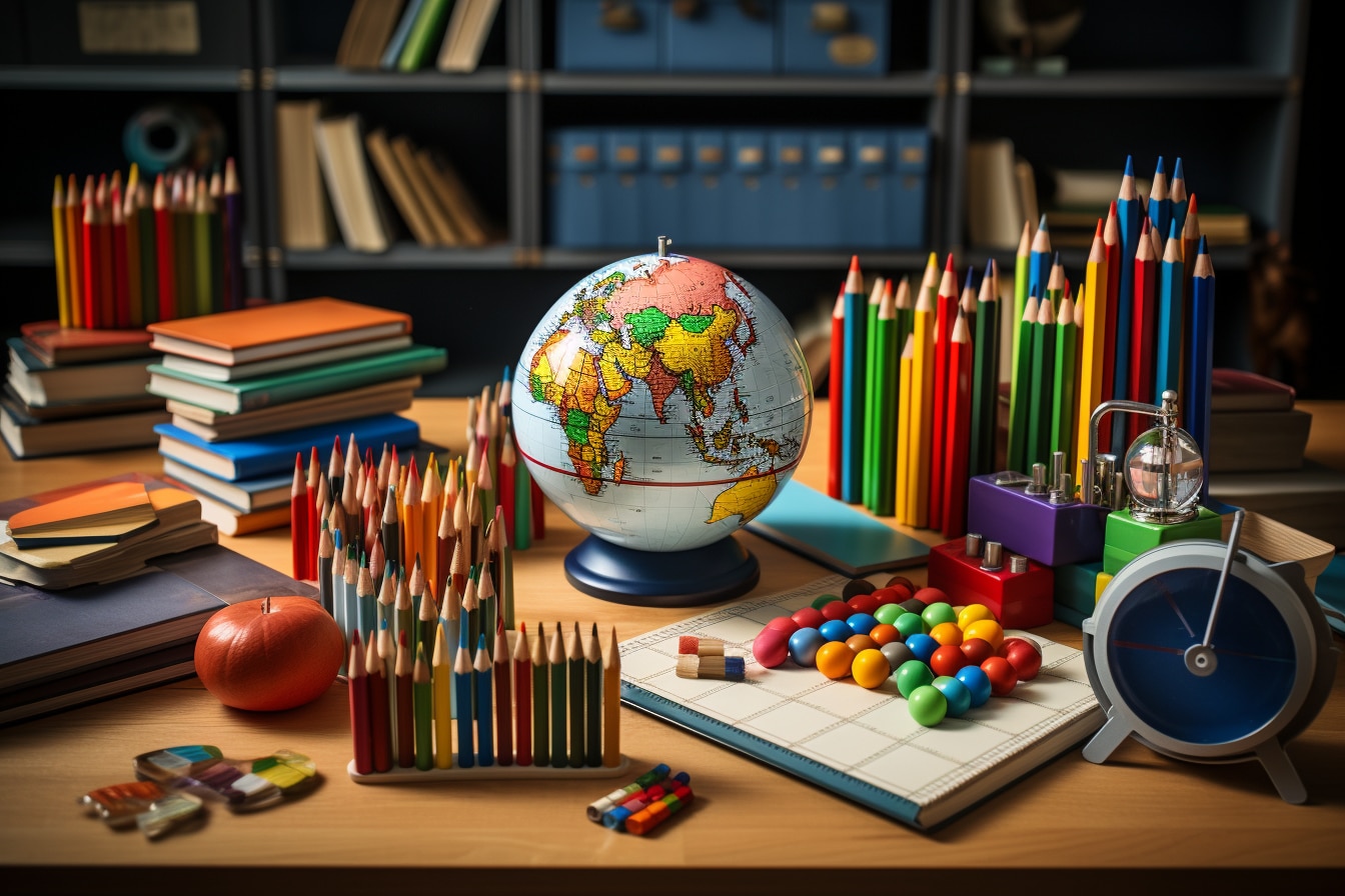 Un bureau d'étudiant organisé avec un globe terrestre, des crayons de couleurs, des livres empilés, des fournitures scolaires comme des ciseaux, des taille-crayons, et un abaque, avec un réveil et une pomme sur un cahier ouvert