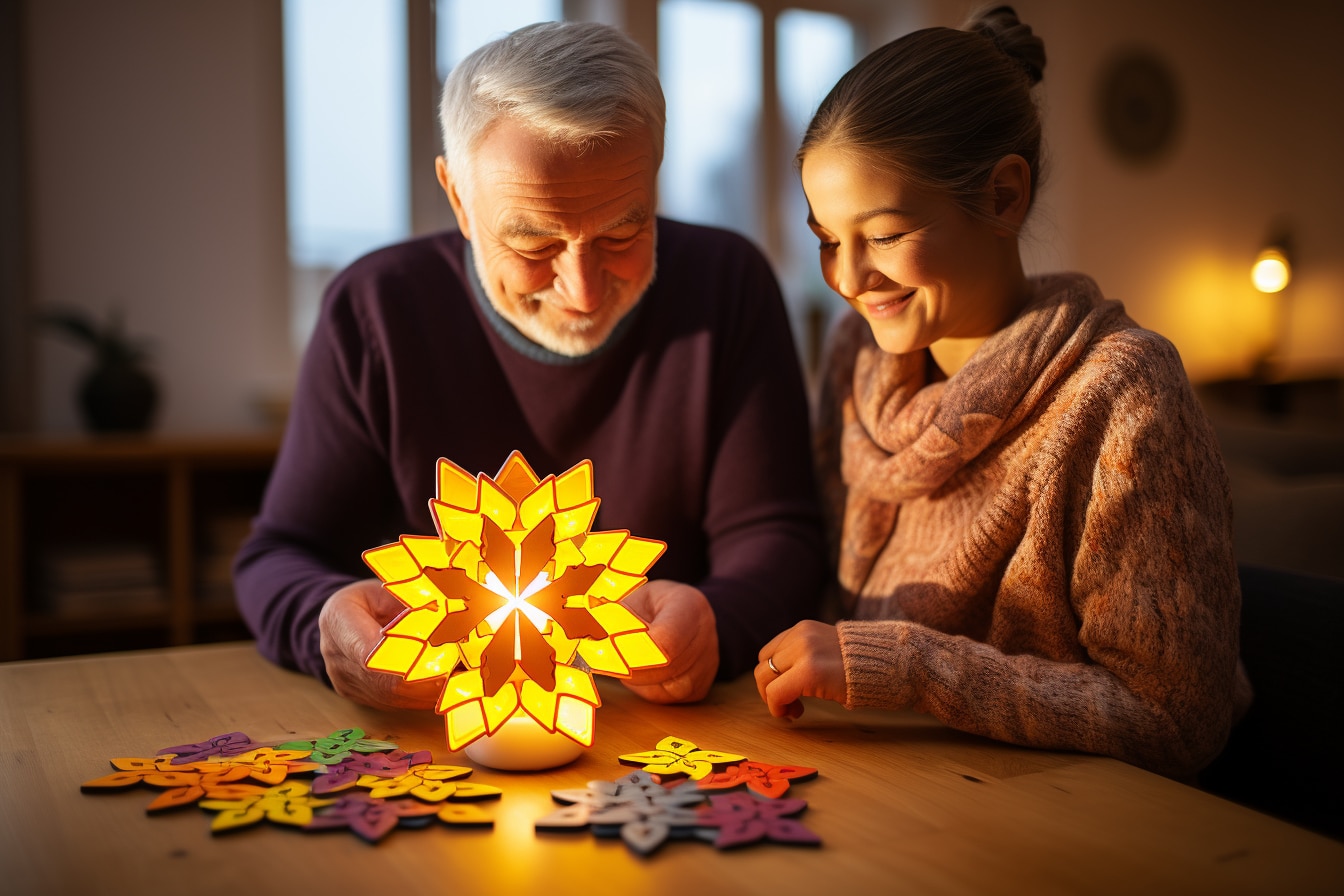 personne âgé et jeune femme qui regardent une lampe do it yourself qu'ils ont vraisemblabement monté ensemble