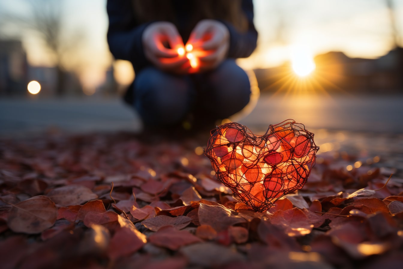 sculpture en forme de coeur posé sur des feuilles mortes, une personne en arrière plan est accroupie pour la regarder, le soleil se couche en arrière plan derrière des batiments