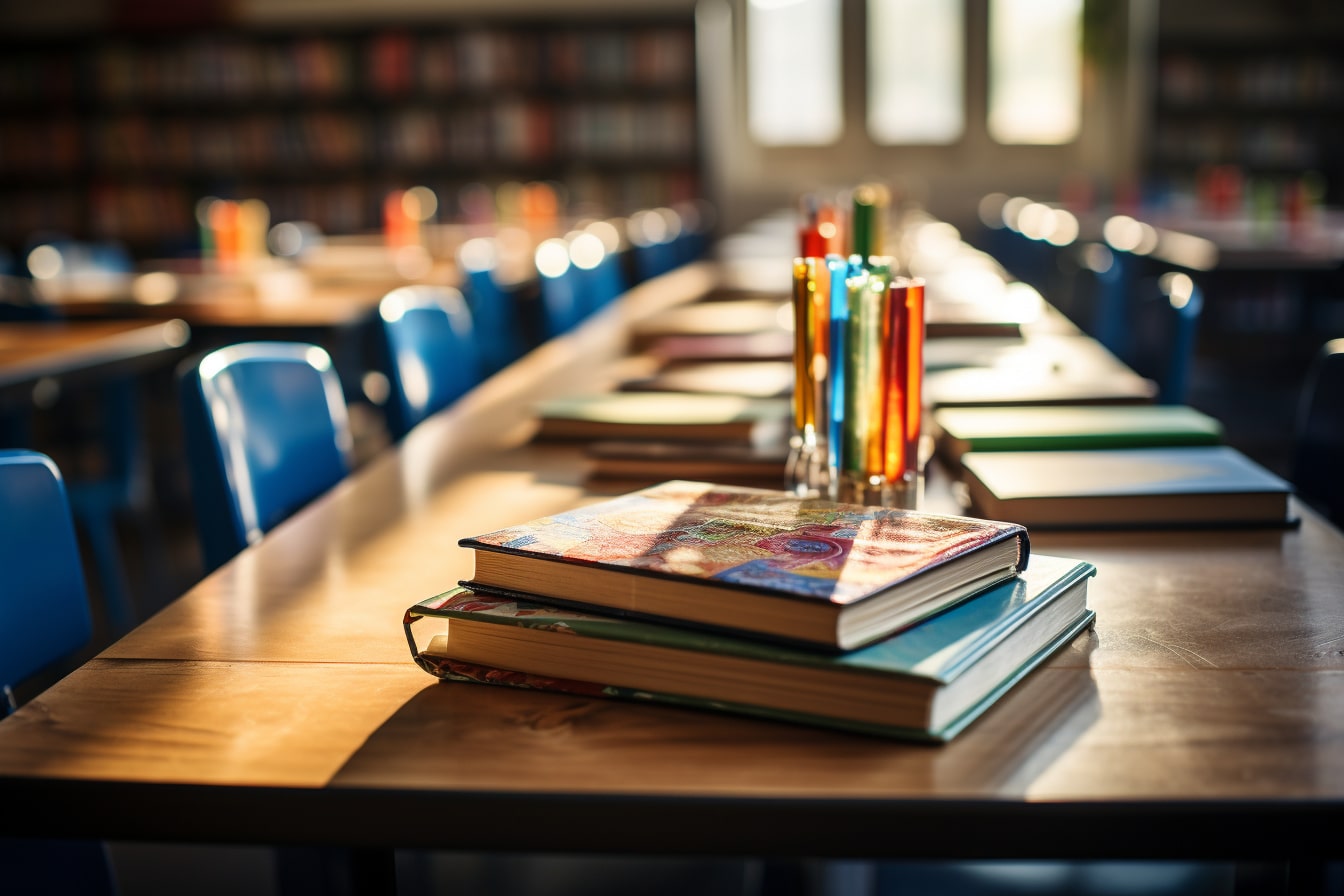 Tables de classe alignées avec des livres empilés et des tubes à essai colorés sous la lumière naturelle venant d'une fenêtre, avec des étagères de livres en arrière-plan.