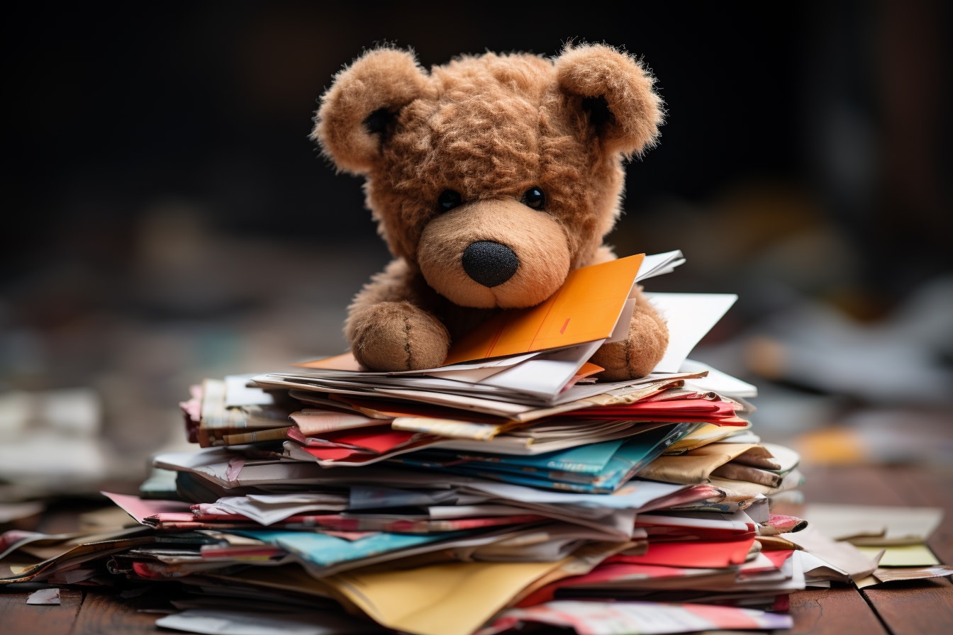 Ours en peluche assis sur une pile de lettres et de cartes postales variées, évoquant une collection personnelle de souvenirs ou de correspondances.