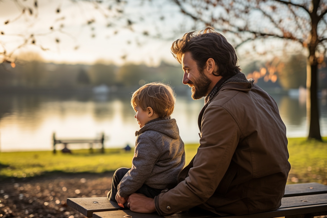 homme et très jeune enfant assis sur un banc à regarder un lac en automne