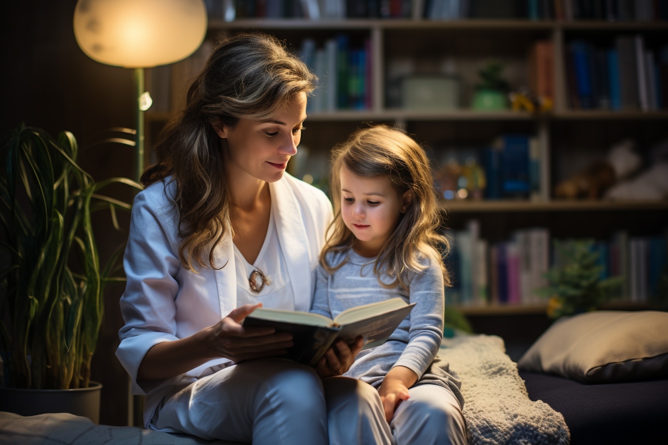 Femme en blouse blanche lisant un livre à une jeune fille, dans une pièce cosy éclairée par une lampe douce avec une bibliothèque en arrière-plan