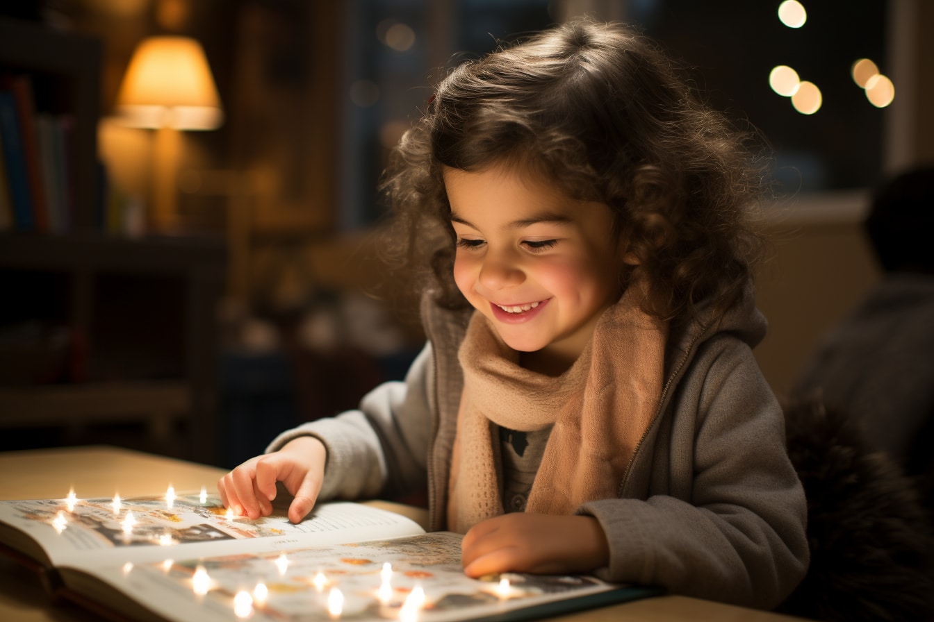 jeune enfant souriant devant un livre sur lesquel des lumière s'allument, en intérieur dans une maison, le soir