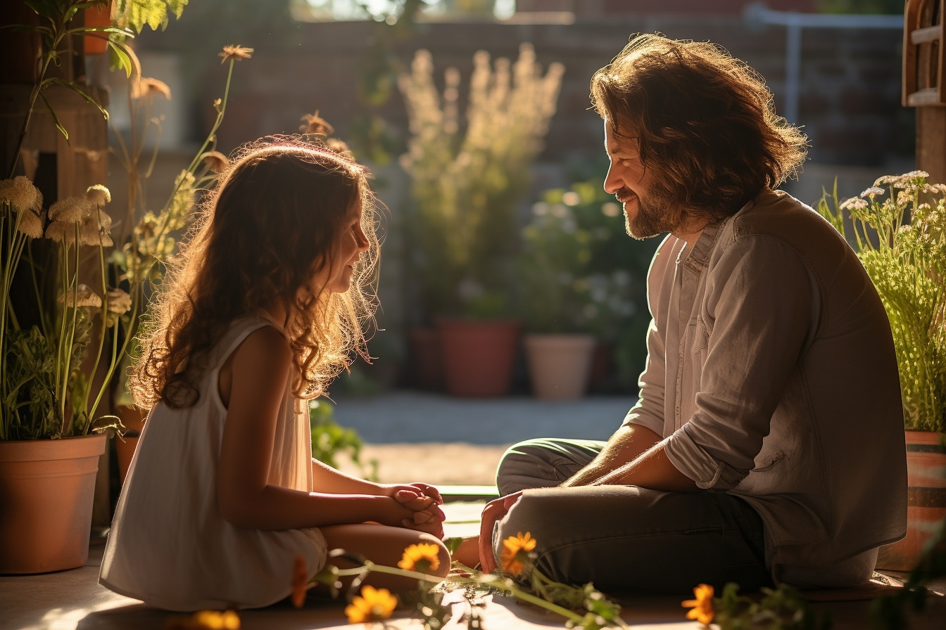 Un adulte et un enfant se tenant par la main, assis face à face dans un jardin baigné de lumière du soleil, entourés de plantes vertes et de fleurs.