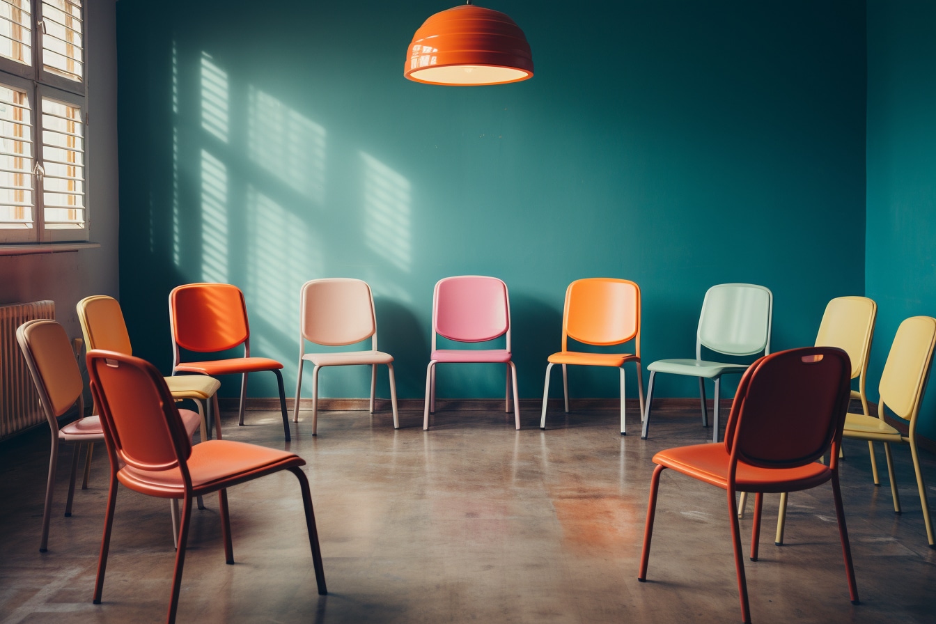 Rangée de chaises colorées disposées dans une salle aux murs turquoise avec des ombres projetées par la lumière du soleil à travers une fenêtre, créant une atmosphère vive et accueillante