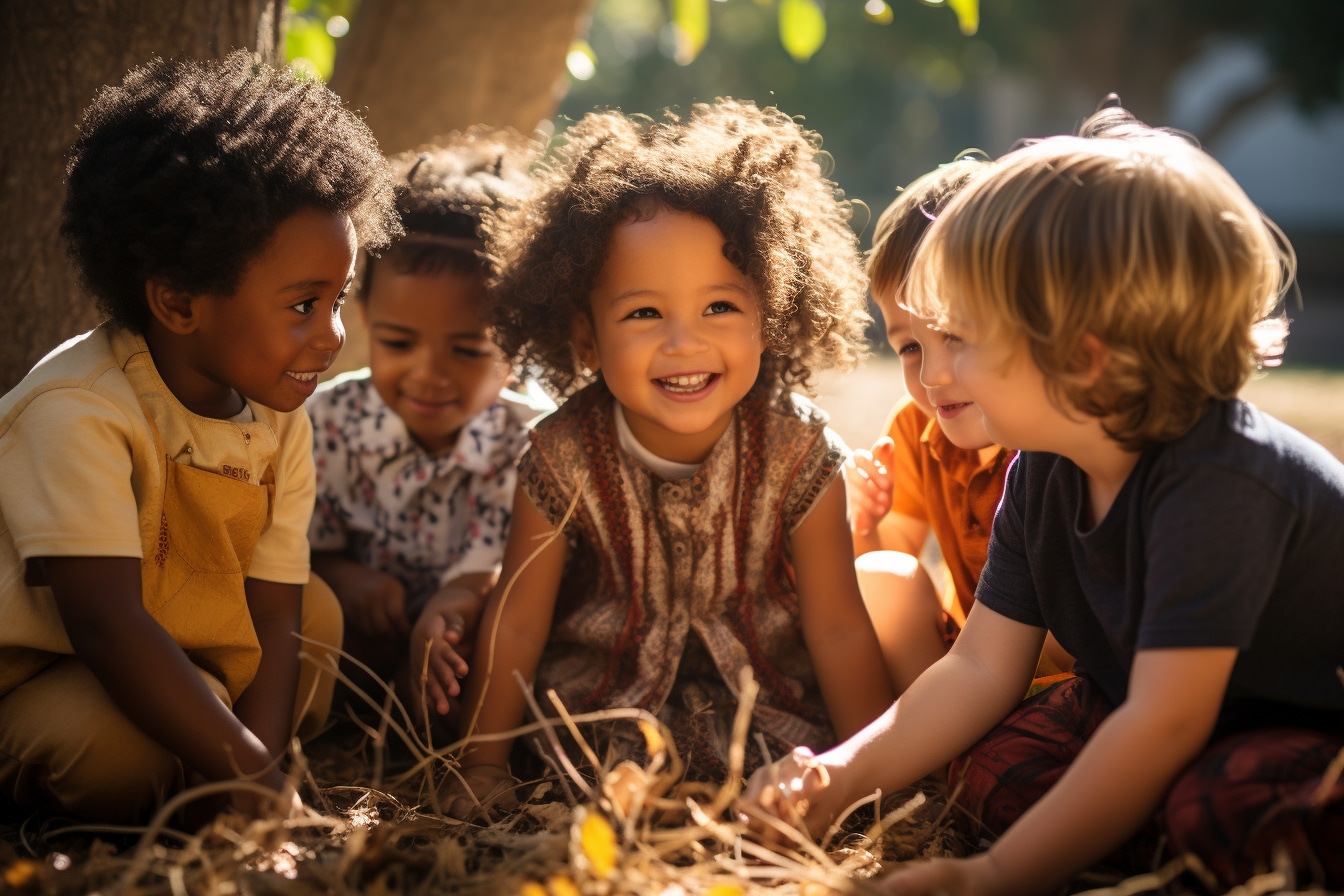 groupe de très jeunes enfants qui discutent sous un arbre