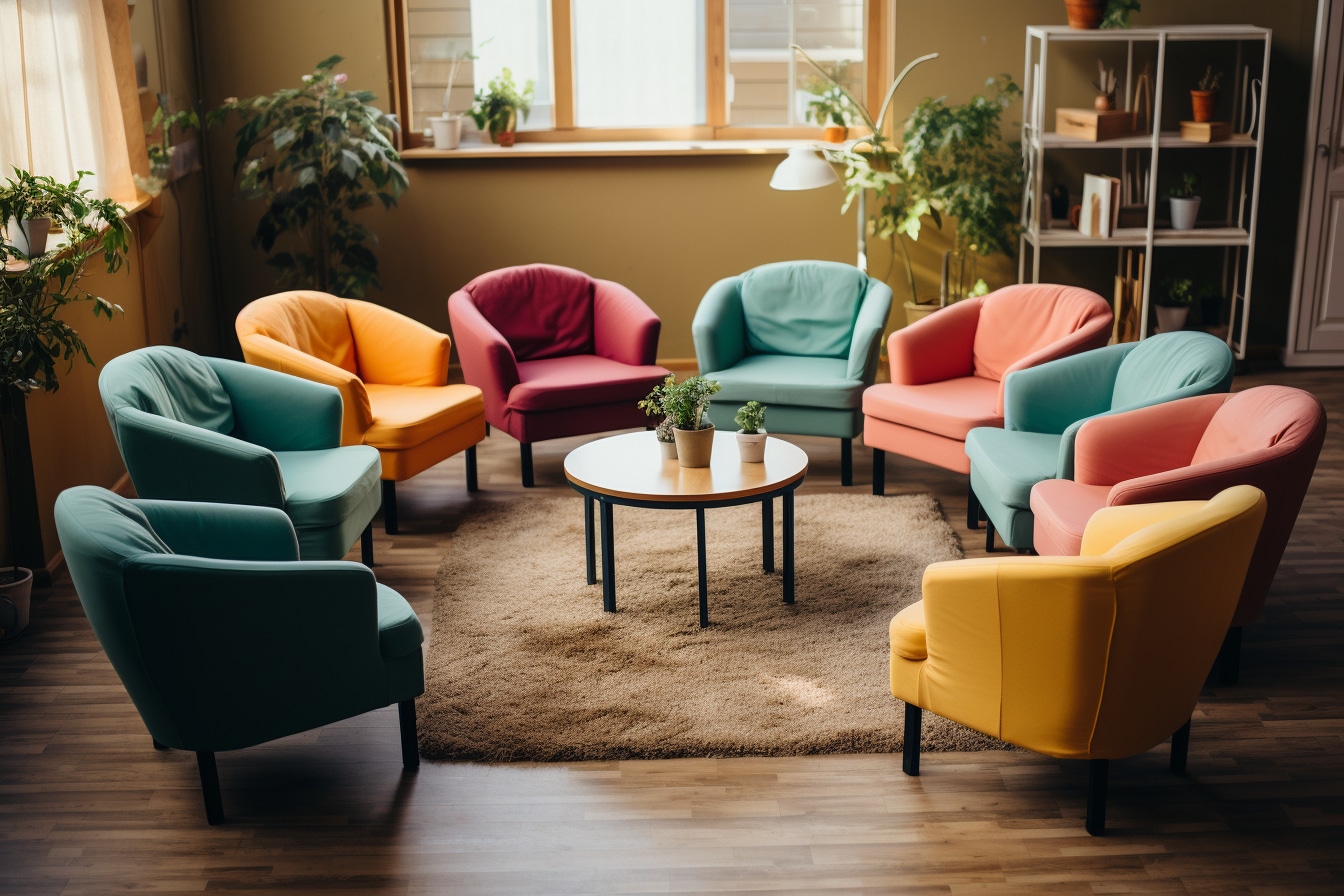 salon dans lequels des fauteuils de couleurs sont mis en cercle autour d'une table en bois