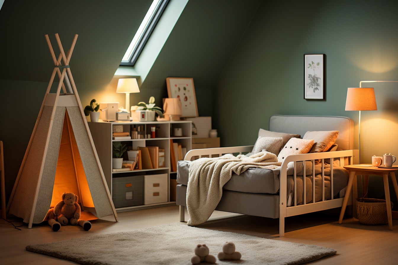 une chambre d''enfant joliement décorée avec une petit lit, des coussins, un étagère, un tipi et des peluches