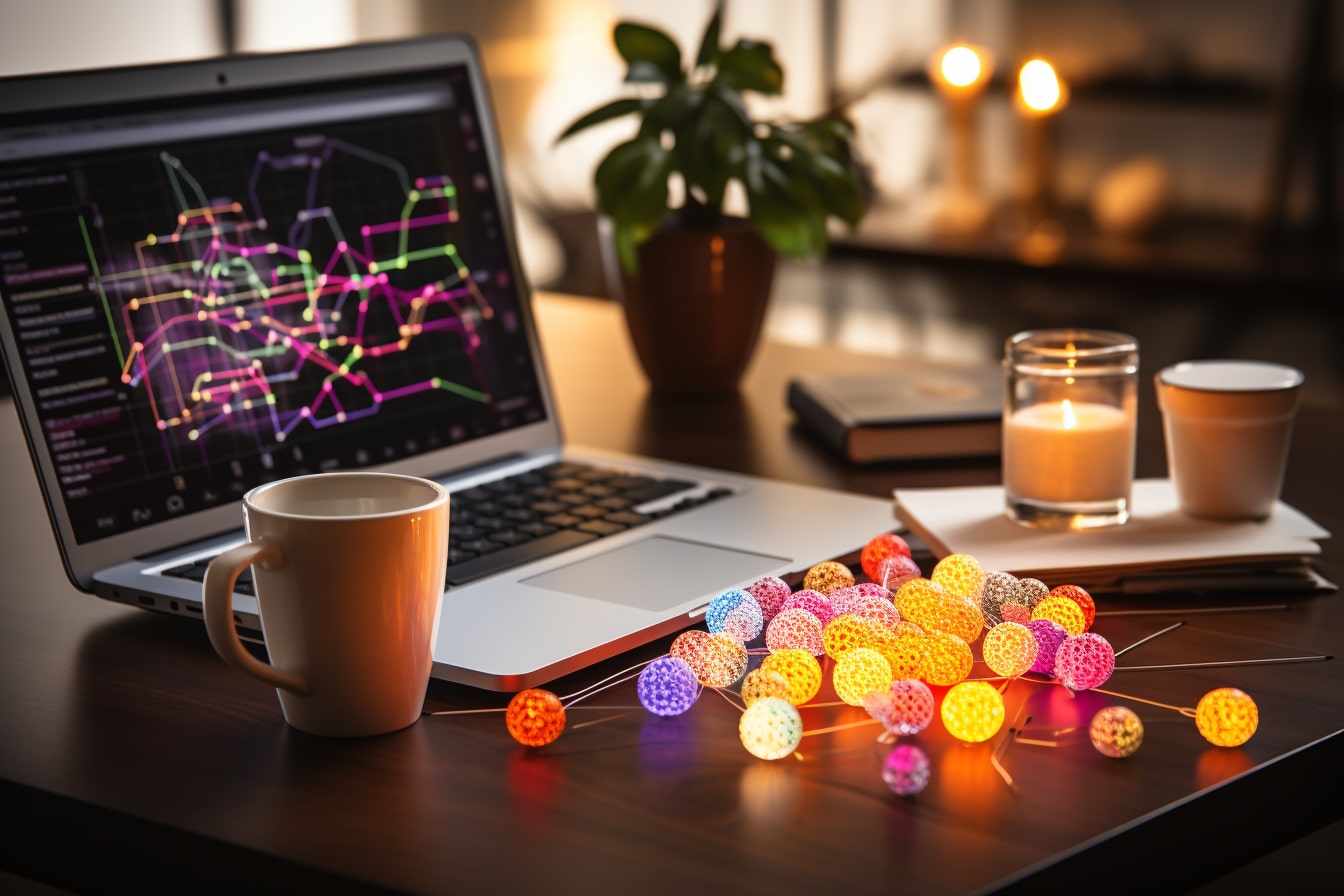 Bureau organisé avec un ordinateur portable affichant des graphiques colorés, entouré de tasses à café, d'une guirlande lumineuse, de bougies et d'une plante, créant une ambiance de travail confortable.