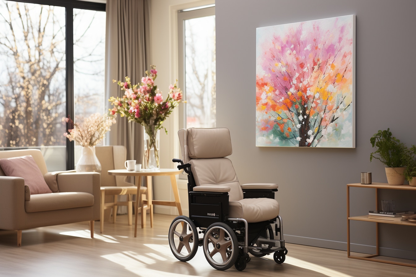 Salon paisible avec un fauteuil roulant moderne, une grande fenêtre offrant une vue sur des arbres nus, un bouquet de fleurs sur la table, et un tableau abstrait aux couleurs vives sur le mur.