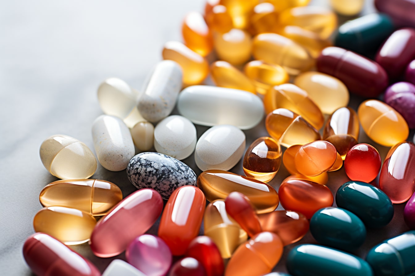 Assortiment de pilules et de capsules multicolores disposées en cercle sur une surface claire, évoquant la diversité des médicaments et des compléments alimentaires