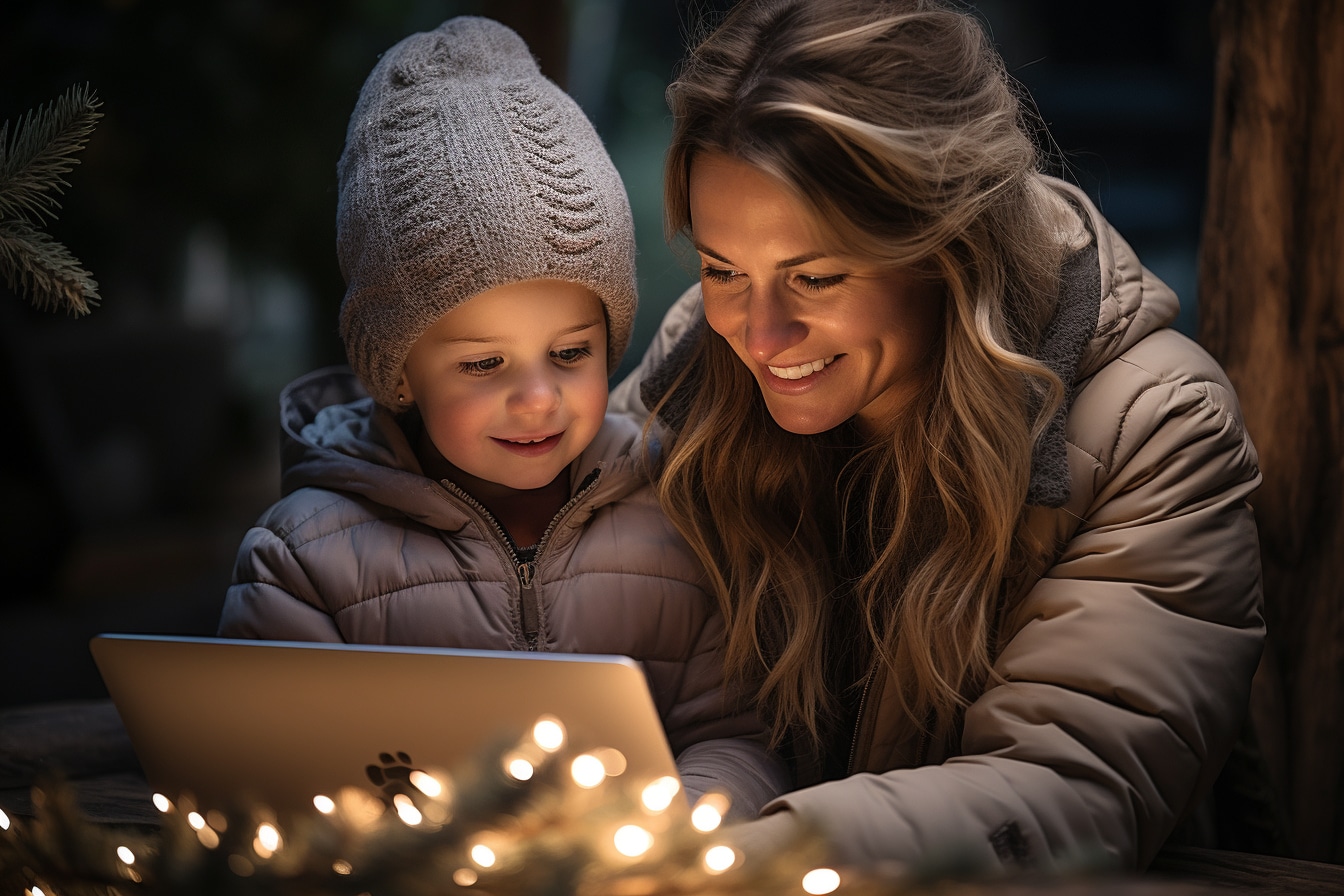 femme et enfant souriants, habillés chaudement qui regardent une tablette