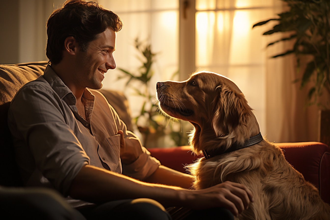 homme souriant assis sur son canapé qui fait face à son chien, un golden retriever, baigné dans une lumière de fin d'après midi