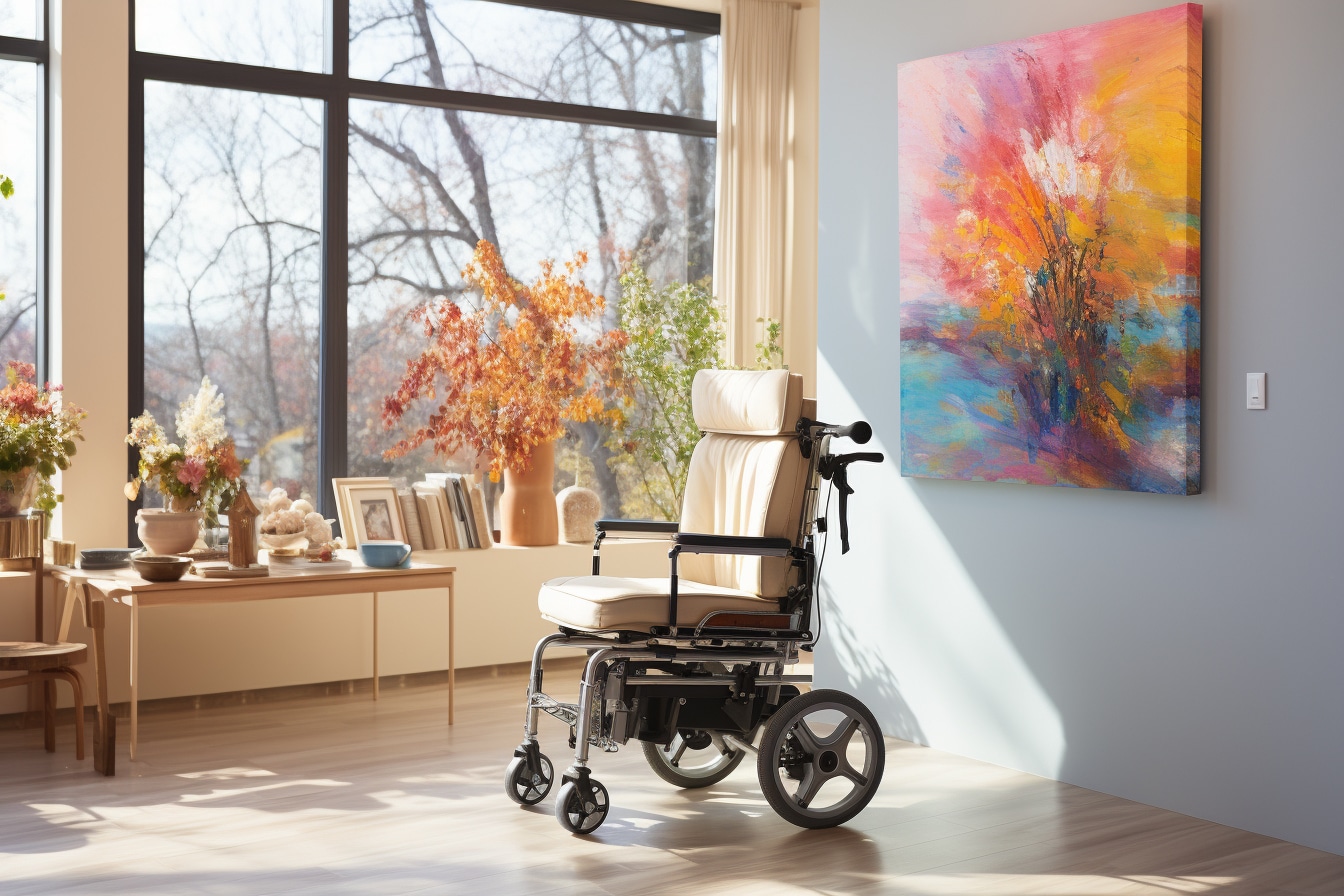 Intérieur moderne et lumineux avec un fauteuil roulant vide, près d'une grande fenêtre donnant sur des arbres d'automne et décoré avec une peinture abstraite colorée et des vases de fleurs séchées