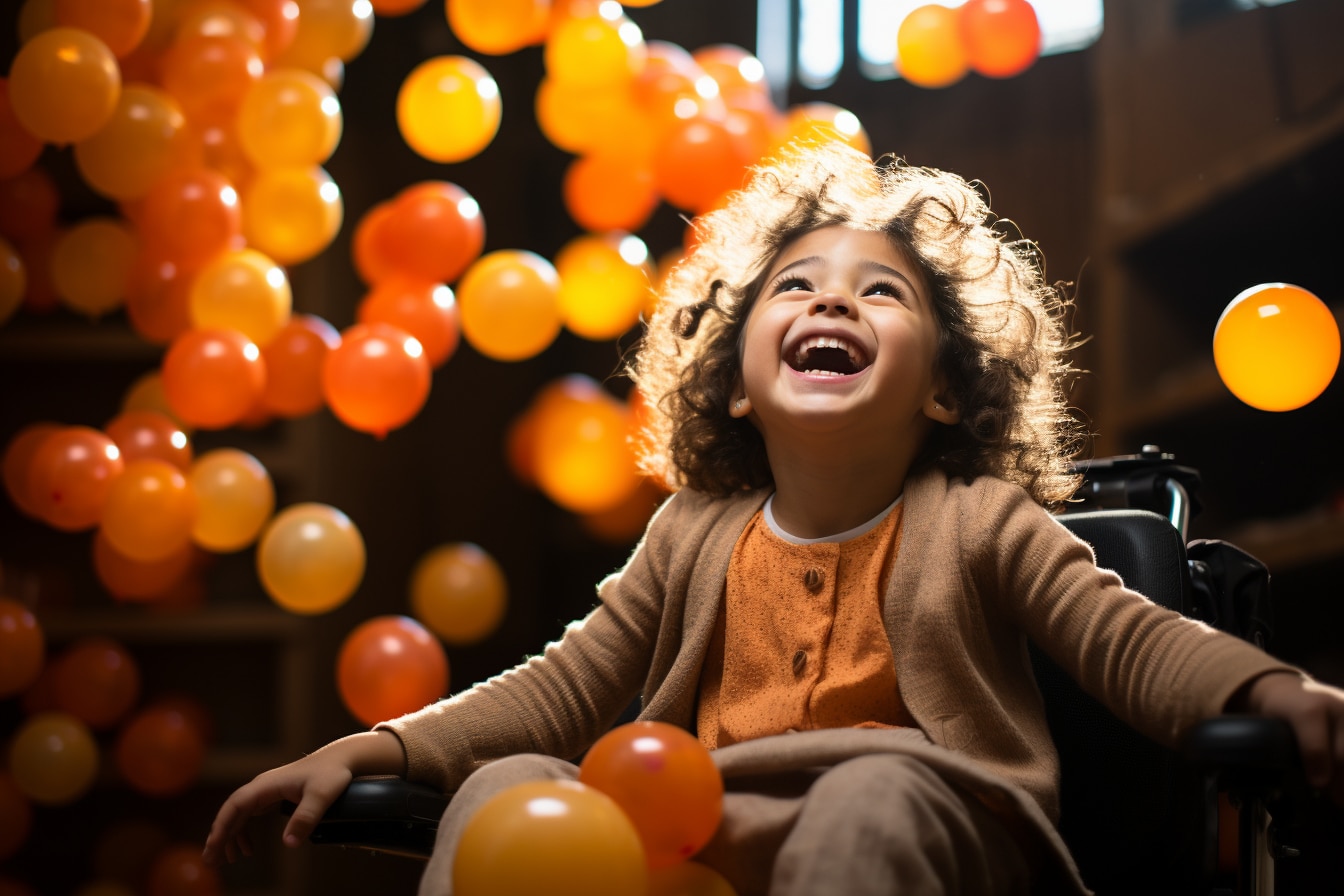 enfant souriant dans un fauteuil roulant avec des ballons