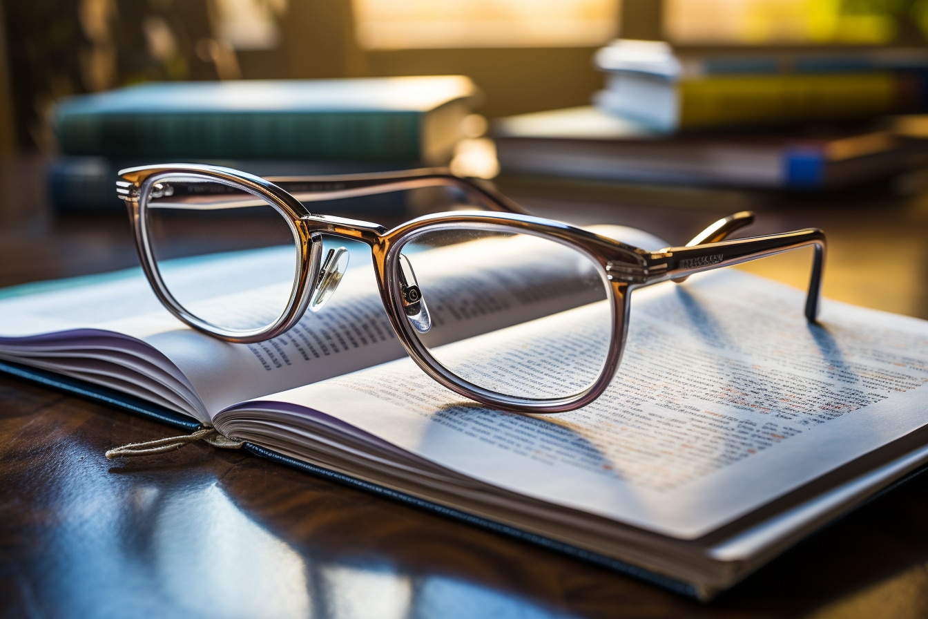 Lunettes en écaille reposant sur un livre ouvert avec des pages de texte, éclairées par une lumière naturelle douce, sur un bureau en bois.