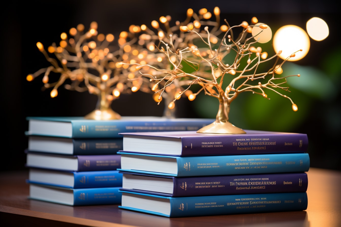 Pile de livres de couverture bleue et violette sur une table avec un arbre décoratif lumineux en arrière-plan, créant une atmosphère chaleureuse.