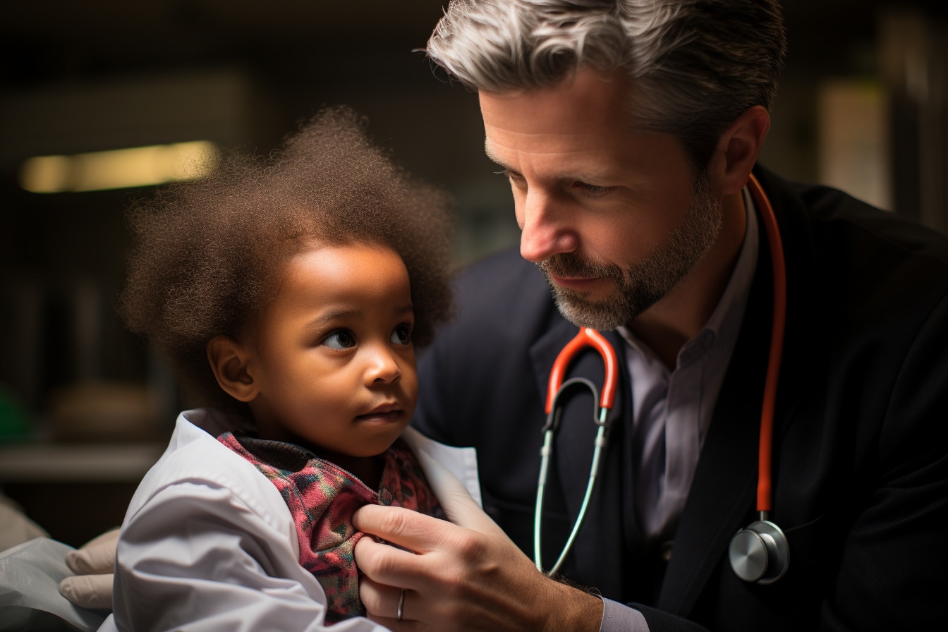 Médecin attentionné écoutant le cœur d'une jeune patiente, reflétant un moment de soins médicaux doux et rassurants