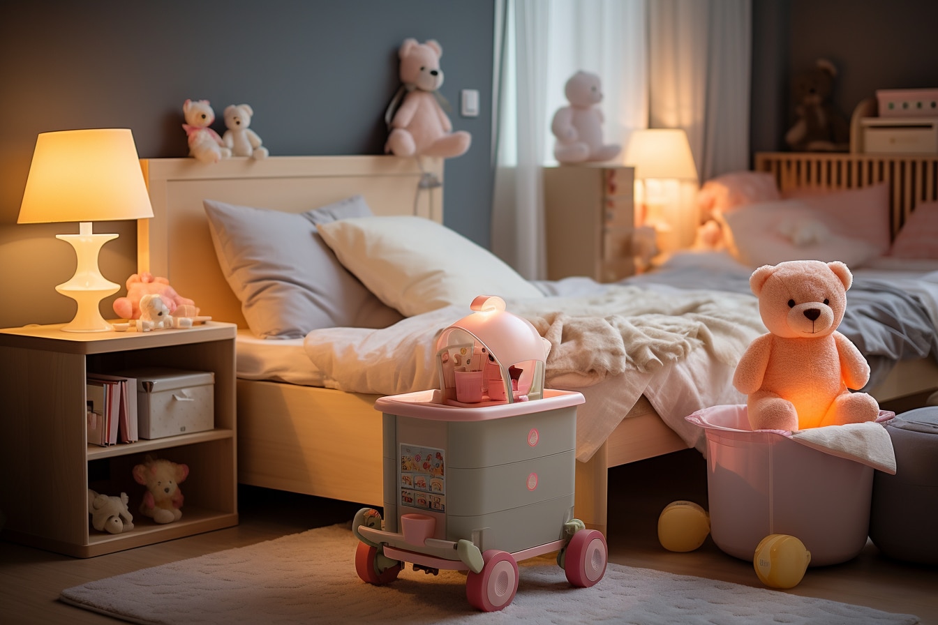 Chambre d'enfant chaleureuse et bien éclairée avec un ours en peluche assis sur un bac à jouets, une petite table de jeu, et d'autres jouets dispersés dans un environnement douillet et accueillant