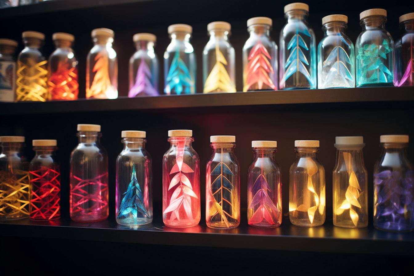 bouteilles en verre sur une étagère contenant ce qui ressemble à des feuilles de différentes couleurs qui émettent de la lumière
