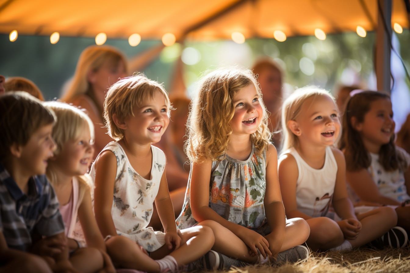 groupe de très jeunes enfants souriants assis en tailleurs qui regardent quelque chose hors champs